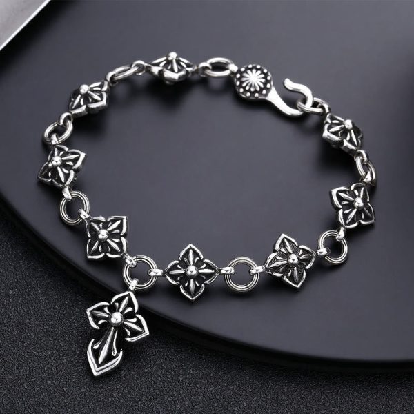 Retro - Styled Sterling Silver Cross Bracelet with Floral Motifs: A Nostalgic Sign of Faith
