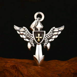 Artistic Winged Silver Cross Pendant with Shield Detail: A Unique Blend of Art and Belief