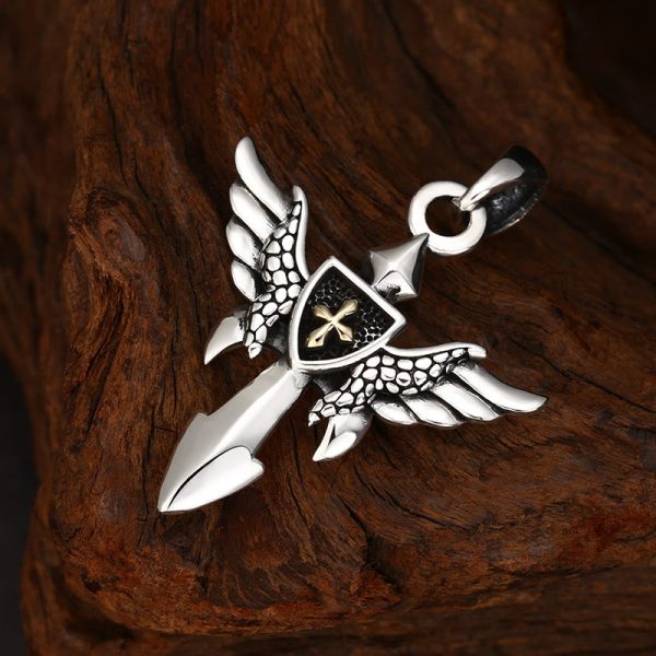 Artistic Winged Silver Cross Pendant with Shield Detail: A Unique Blend of Art and Belief