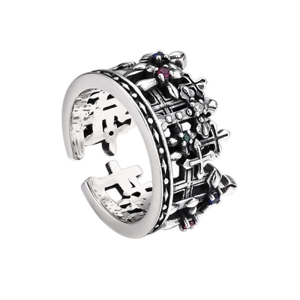Gothic - Inspired Silver Crown Cross Ring with Zircon: A Bold Expression of Spiritual Reverence