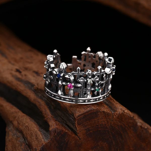 Gothic - Inspired Silver Crown Cross Ring with Zircon: A Bold Expression of Spiritual Reverence