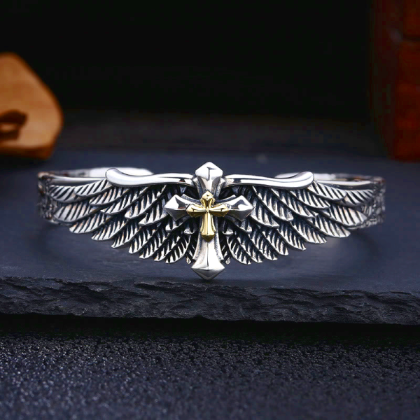 Vintage Two - Tone Silver Wing Cross Ornament Bracelet: A Cherished Symbol of Spiritual Connection