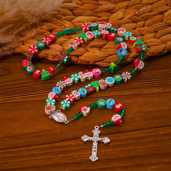 Unique Christmas Celebration Rosary with Colorful Candy Cane, Santa & Snowman