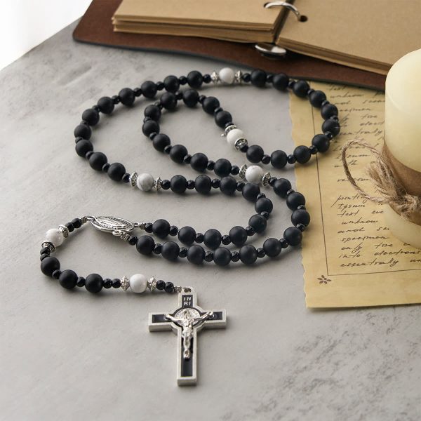 Christianartworkshop Handcrafted Matte Black Beads Rosary with Crucifix & Our Lady of Guadalupe