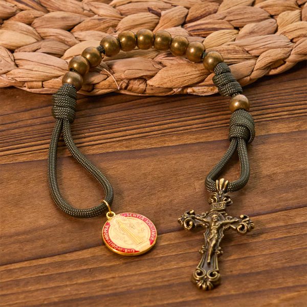 Christianartworkshop St. Benedict Protection All-Place Portable Bronze Beads Nylon Cord Pocket Rosary