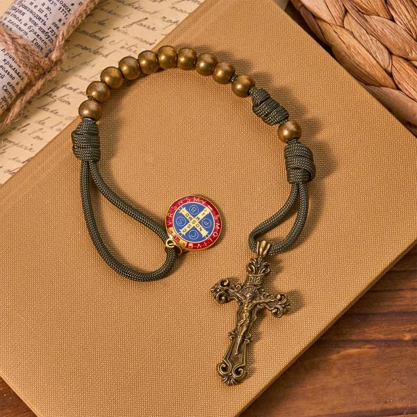 Christianartworkshop St. Benedict Protection All-Place Portable Bronze Beads Nylon Cord Pocket Rosary