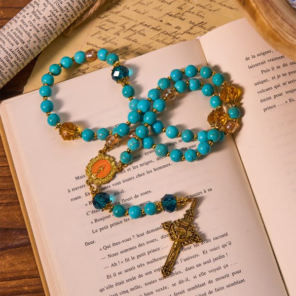 Christianartworkshop Classic Turquoise Bead & Golden Alloy Rosary with Crucifix & Miraculous Medal