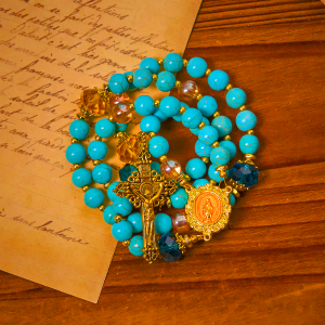 Classic Turquoise Bead & Golden Alloy Rosary with Crucifix & Miraculous Medal