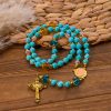 Christianartworkshop Classic Turquoise Bead & Golden Alloy Rosary with Crucifix & Miraculous Medal