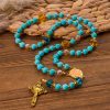 Christianartworkshop Classic Turquoise Bead & Golden Alloy Rosary with Crucifix & Miraculous Medal