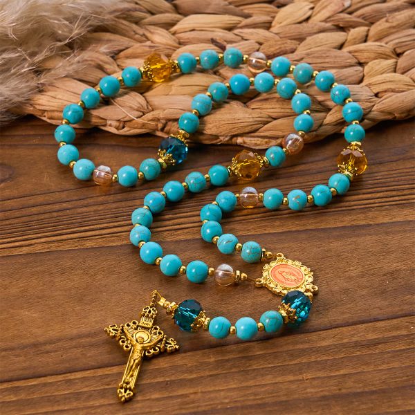 Christianartworkshop Classic Turquoise Bead & Golden Alloy Rosary with Crucifix & Miraculous Medal