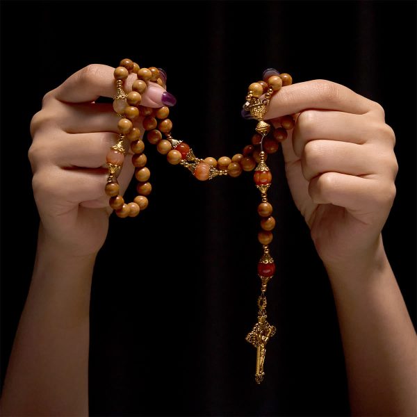 Christianartworkshop Thanksgiving Devotion Sandalwood Rosary with Golden Grace Pumpkin Gemstones & Holy Grail