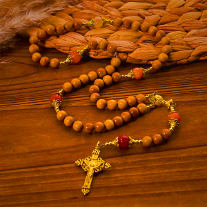 Thanksgiving Devotion Sandalwood Rosary with Golden Grace Pumpkin Gemstones & Holy Grail
