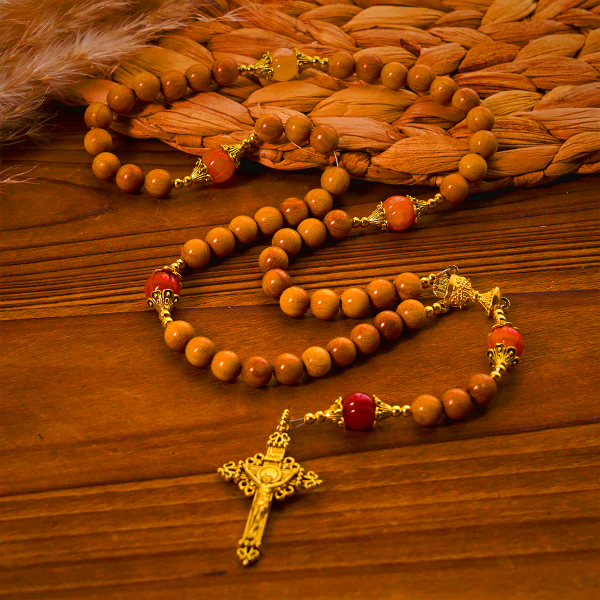 Thanksgiving Devotion Sandalwood Rosary with Golden Grace Pumpkin Gemstones & Holy Grail