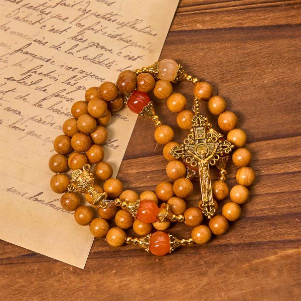 Christianartworkshop Thanksgiving Devotion Sandalwood Rosary with Golden Grace Pumpkin Gemstones & Holy Grail