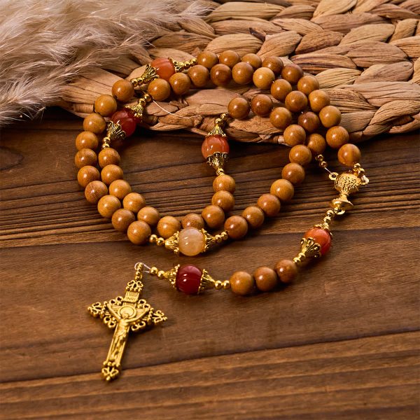 Christianartworkshop Thanksgiving Devotion Sandalwood Rosary with Golden Grace Pumpkin Gemstones & Holy Grail