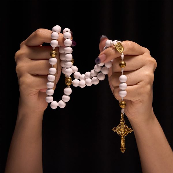 Elegant White Bead Rosary with Golden - Toned Crucifix and Our Lady Medal