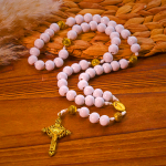Elegant White Bead Rosary with Golden - Toned Crucifix and Our Lady Medal