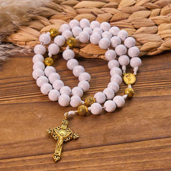 Elegant White Bead Rosary with Golden - Toned Crucifix and Our Lady Medal