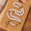 Elegant White Bead Rosary with Golden - Toned Crucifix and Our Lady Medal