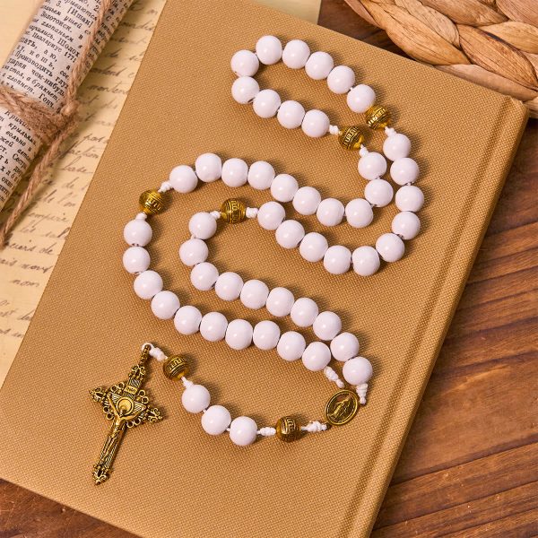 Elegant White Bead Rosary with Golden - Toned Crucifix and Our Lady Medal