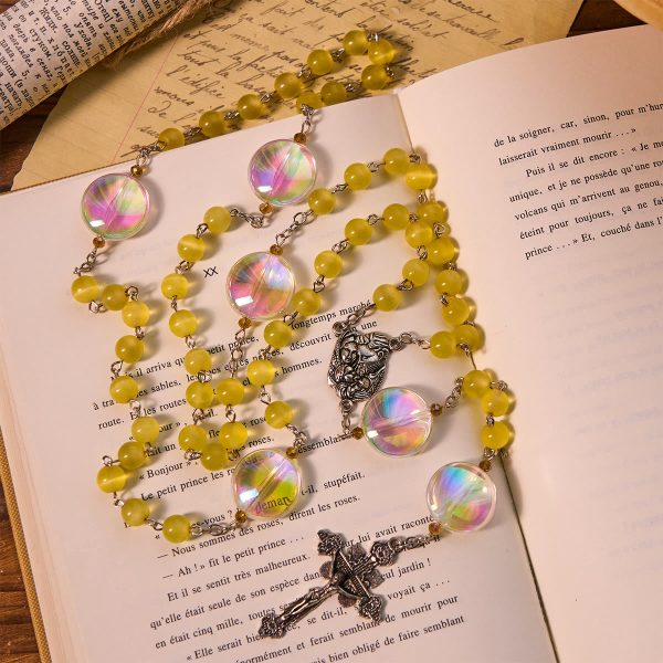 Unique Oversized Rainbow Aurora Beads Catholic Rosary with Holy Family Medal