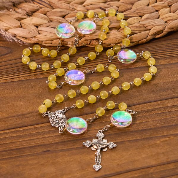 Unique Oversized Rainbow Aurora Beads Catholic Rosary with Holy Family Medal