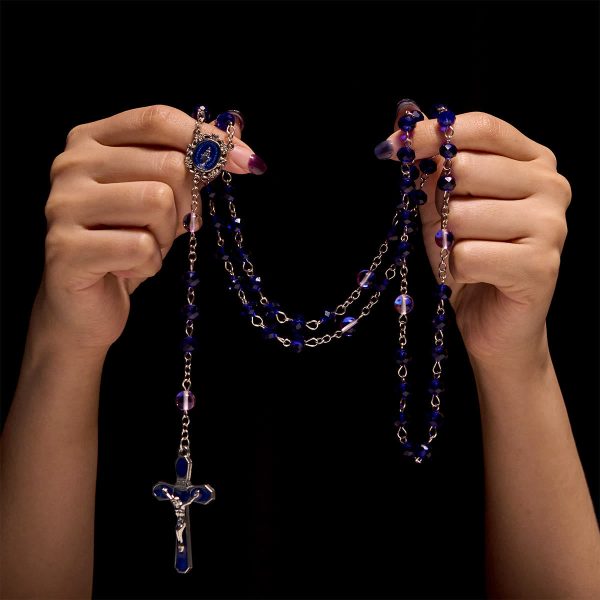 Mystical Purple and Blue Faceted Bead Prayer Rosary with Enamel Our Lady Medal