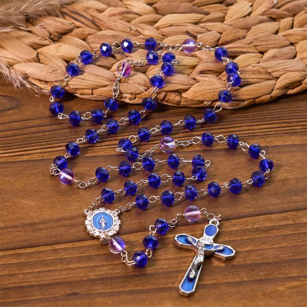 Mystical Purple and Blue Faceted Bead Prayer Rosary with Enamel Our Lady Medal