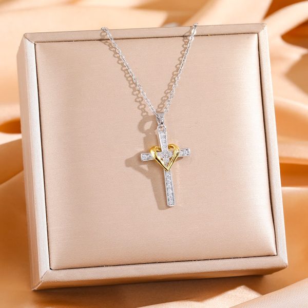 Christianartworkshop Dual - Tone Heart & Cross Necklace with Zircons: Fusion of Love and Faith