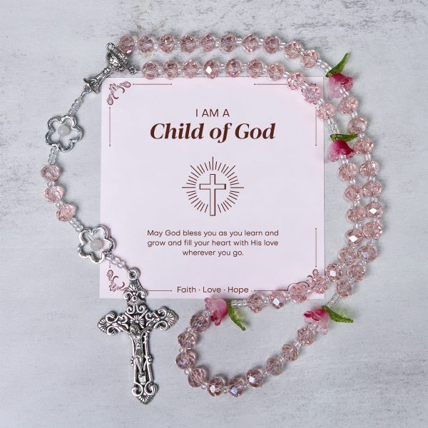 Christianartworkshop Jesus Is The Gift: Handmade Elegant Pink Crystal Rosary with 3D Rose Beads with Gift Card