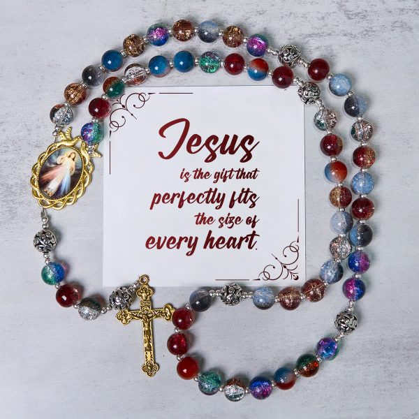Christianartworkshop PRAYERFUL FAITH: Handmade Gradient Multicolor Glass Bead & Brass Crucifix Rosary with Gift Card