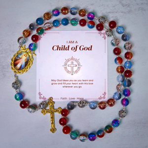 PRAYERFUL FAITH: Handmade Gradient Multicolor Glass Bead & Brass Crucifix Rosary with Gift Card