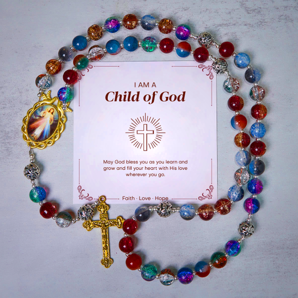 PRAYERFUL FAITH: Handmade Gradient Multicolor Glass Bead & Brass Crucifix Rosary with Gift Card