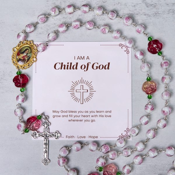 Christianartworkshop PRAYERFUL FAITH: Handmade Rose & Ivory Floral Elegance Rosary with Gift Card