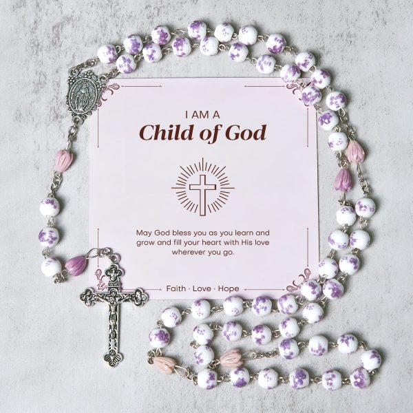 PRAYERFUL FAITH: Handmade Purple Flower Beads Rosary with Gift Card