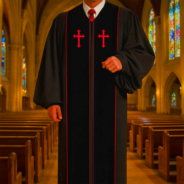 Traditional Black Clergy Robe with Red Cross Embroidery