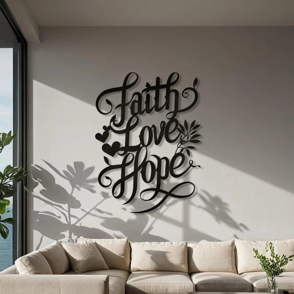 Christianartworkshop Faith Love Hope Script Metal Wall Decor with Heart & Leaf Accents