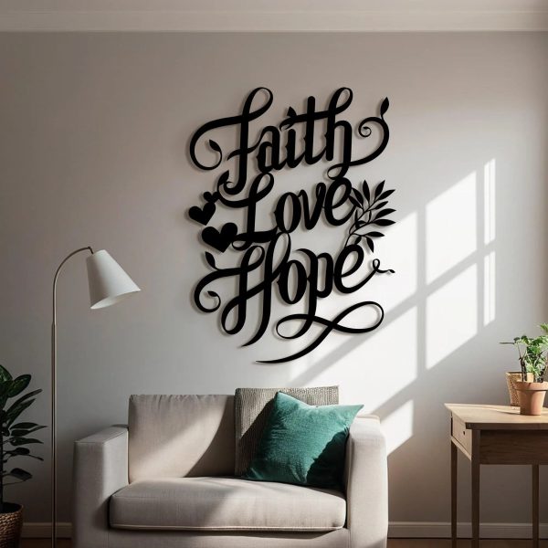 Christianartworkshop Faith Love Hope Script Metal Wall Decor with Heart & Leaf Accents