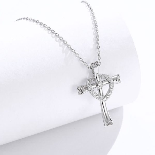 925 Silver Cross & Heart Zircon Necklace: Faith Meets Love in Sparkle