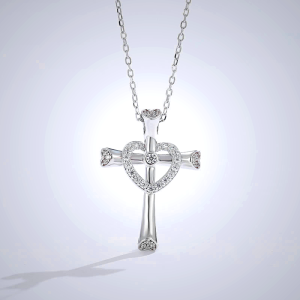 925 Silver Cross & Heart Zircon Necklace: Faith Meets Love in Sparkle