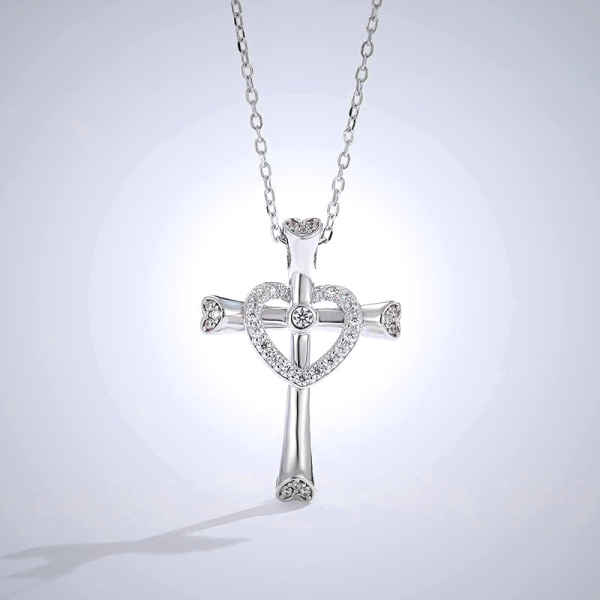 925 Silver Cross & Heart Zircon Necklace: Faith Meets Love in Sparkle