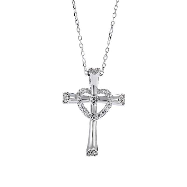 925 Silver Cross & Heart Zircon Necklace: Faith Meets Love in Sparkle