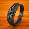 Tri - Color Stainless Steel Cross & Braided Leather Fashion Bracelet
