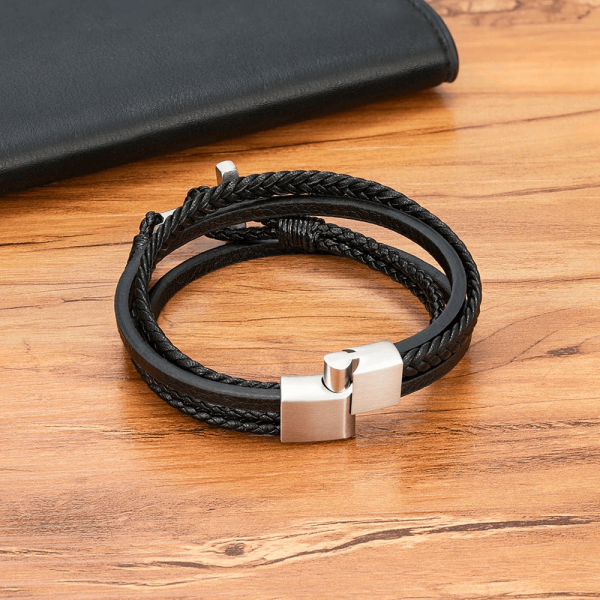 Christianartworkshop Tri - Color Stainless Steel Cross & Braided Leather Fashion Bracelet