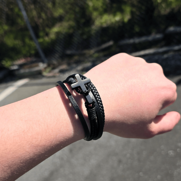 Christianartworkshop Tri - Color Stainless Steel Cross & Braided Leather Fashion Bracelet