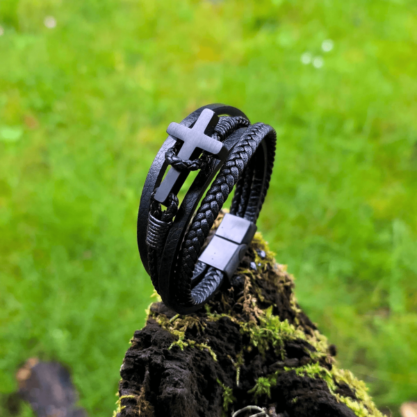 Christianartworkshop Tri - Color Stainless Steel Cross & Braided Leather Fashion Bracelet