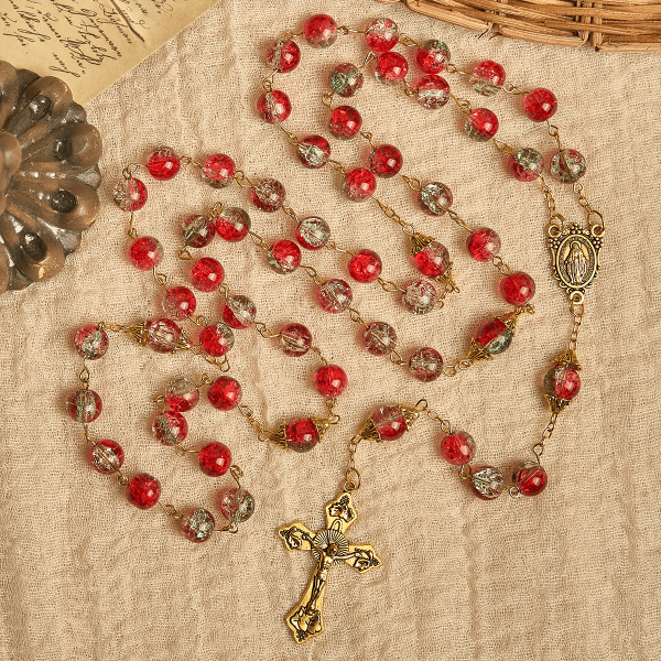 Christmas - Themed Red Bead Rosary with Golden Crucifix & Madonna Medal