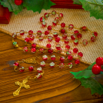 Christmas - Themed Red Bead Rosary with Golden Crucifix & Madonna Medal