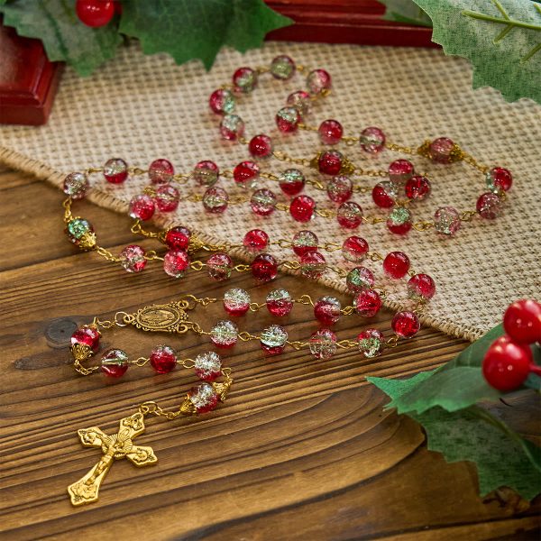 PRAYERFUL FAITH: Christmas-Themed Red Bead Rosary with Golden Crucifix & Madonna Medal